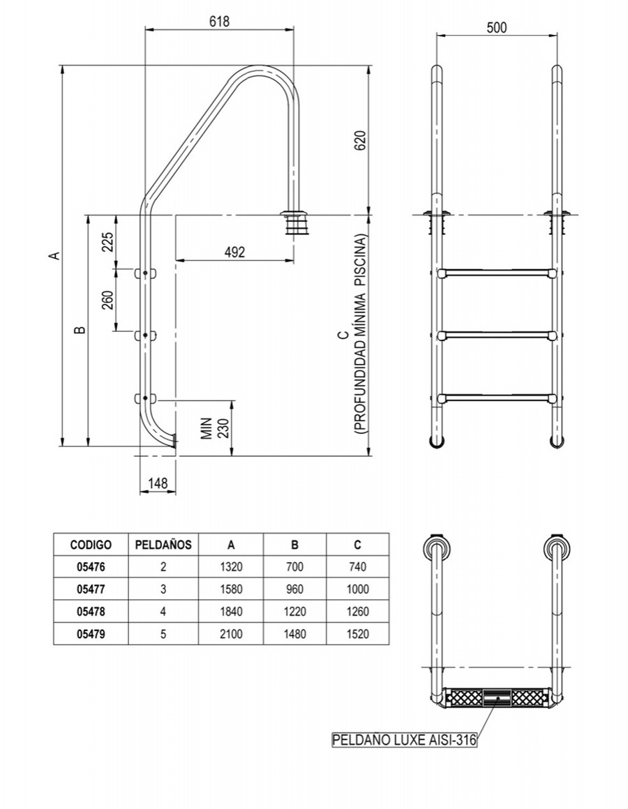 05477 Ljestve STANDARD LUXE s 3 gazišta AISI-316